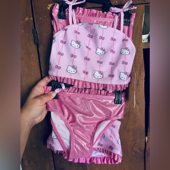 Hello Kitty PINK on PINK 2 piece swimsuit set Tankini w shimmer & ruffles 💕 - Picture 1 of 7